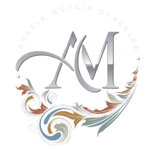 Logo with stylized letters "AM" above a decorative, swirling feather design and the words "Angela Morris Coaching" in a circular arrangement at the top.