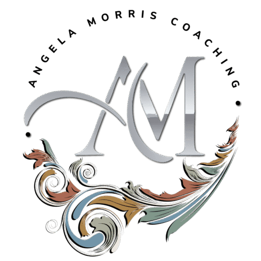 Logo for Angela Morris Coaching featuring stylized letters "AM" and a decorative swirl with muted colors, encircled by the business name in uppercase letters.